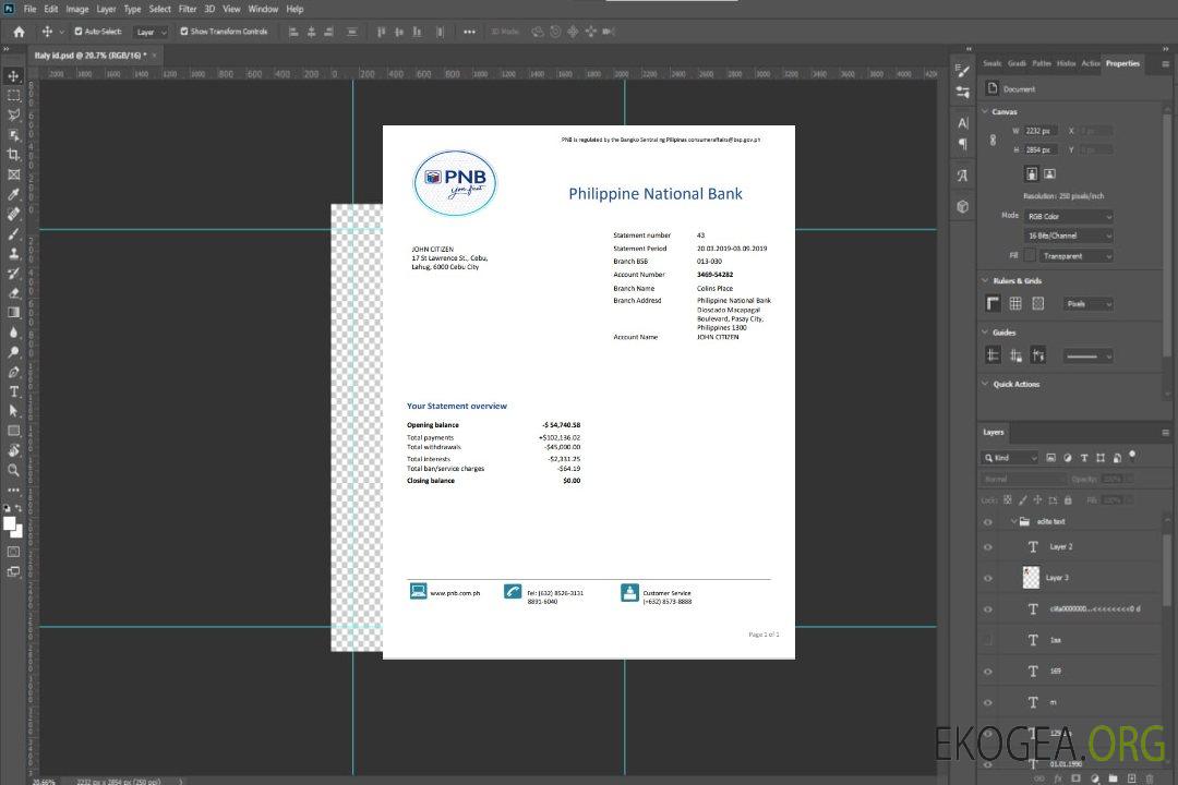 Modèle de relevé bancaire de preuve d'adresse de la Banque nationale des Philippines (PNB) au format Word et PDF template